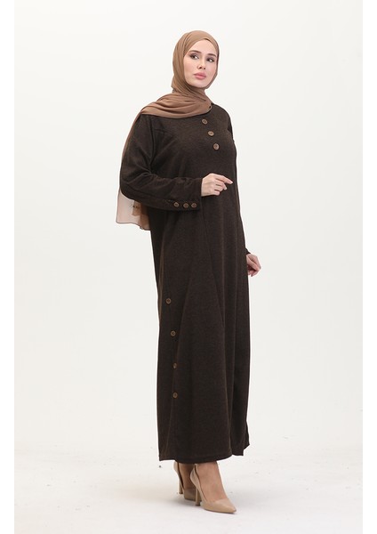 Büyük Beden Düğme Detaylı Elbise 0533-02 Kahverengi fiyatları