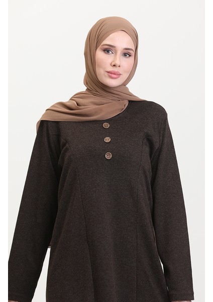 Büyük Beden Düğme Detaylı Elbise 0533-02 Kahverengi modelleri