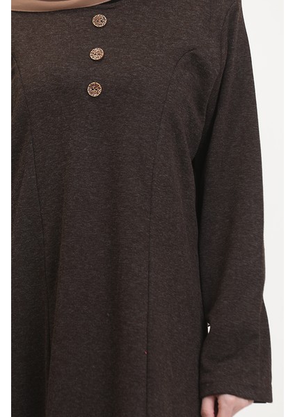 Büyük Beden Düğme Detaylı Elbise 0533-02 Kahverengi fırsatları