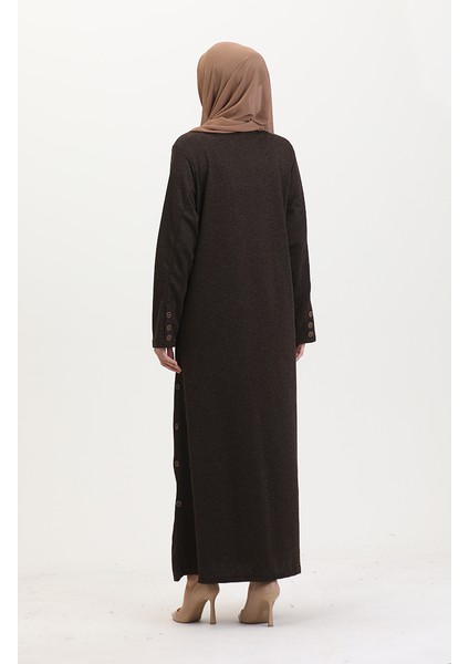 Büyük Beden Düğme Detaylı Elbise 0533-02 Kahverengi indirimleri