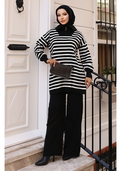 Yaka Fermuarlı Çizgili Triko Takım 11029-03 Siyah
