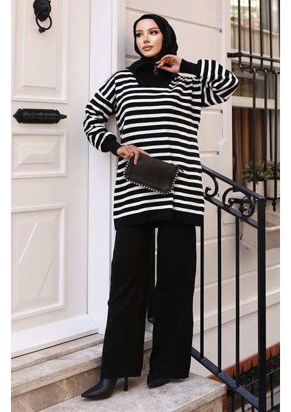 Yaka Fermuarlı Çizgili Triko Takım 11029-03 Siyah fiyatları