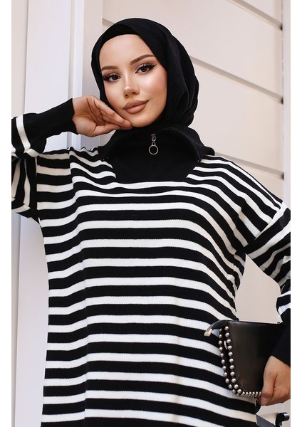 Yaka Fermuarlı Çizgili Triko Takım 11029-03 Siyah modelleri