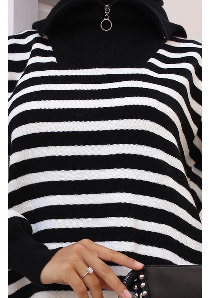 Yaka Fermuarlı Çizgili Triko Takım 11029-03 Siyah fırsatları