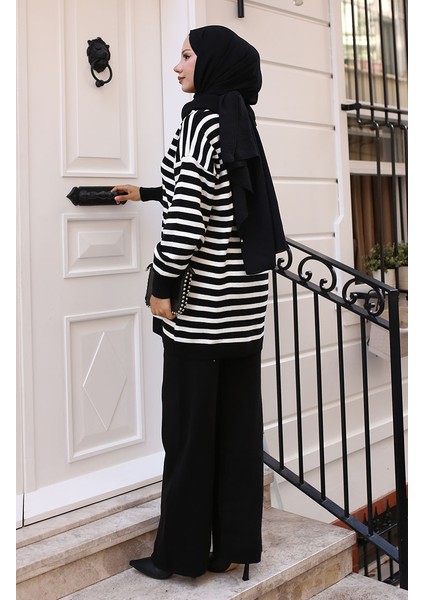 Yaka Fermuarlı Çizgili Triko Takım 11029-03 Siyah indirimleri