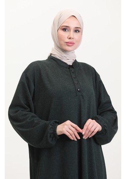 Kolu Lastikli Düğmeli Elbise 0546-03 Zümrüt Yeşili modelleri