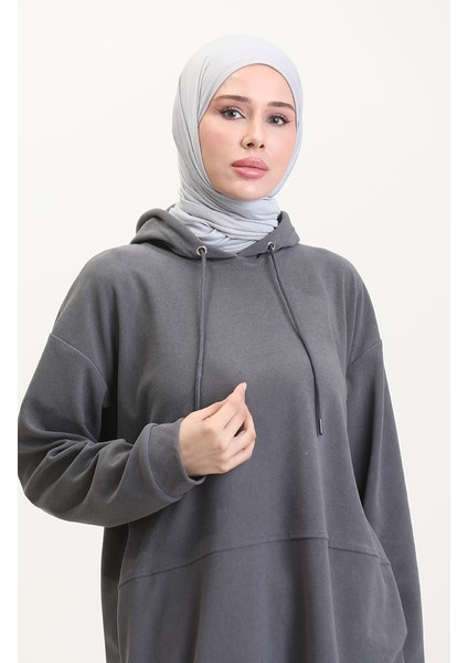 Astana Kumaş Kapüşonlu Tunik Pantolon Ikili Takım 0553-01 Gri