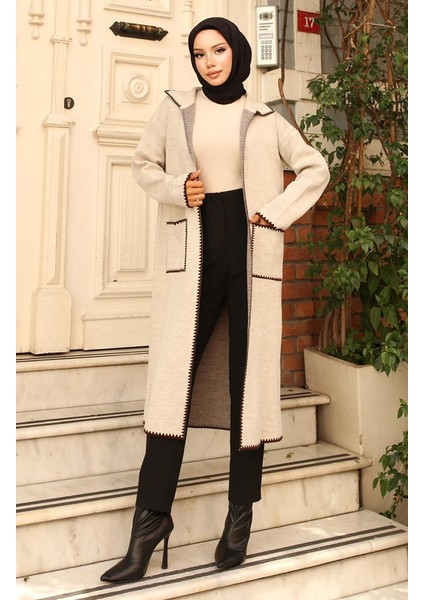 Zikzak Detaylı Uzun Cepli Triko Hırka 24405-01 Taş