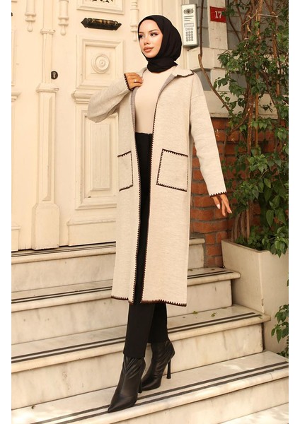 Zikzak Detaylı Uzun Cepli Triko Hırka 24405-01 Taş