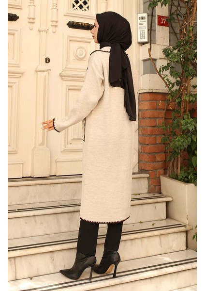 Zikzak Detaylı Uzun Cepli Triko Hırka 24405-01 Taş