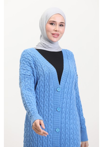 Düğmeli Uzun Triko Hırka 0377-02 Mavi modelleri