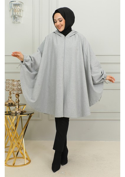 Kapüşonlu Kaşe Panço 0505-05 Gri