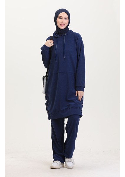 Astana Kumaş Kapüşonlu Tunik Pantolon Ikili Takım 0553-03 Lacivert