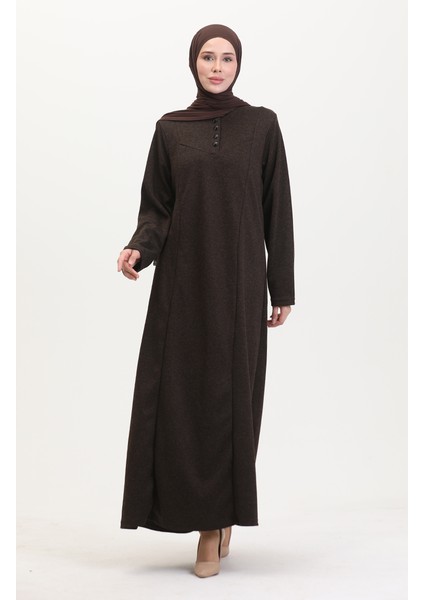 Büyük Beden Düğme Detaylı Elbise 0532-05 Kahverengi