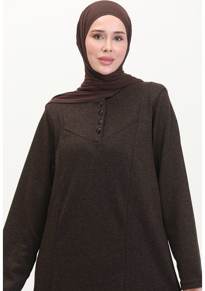 Büyük Beden Düğme Detaylı Elbise 0532-05 Kahverengi modelleri