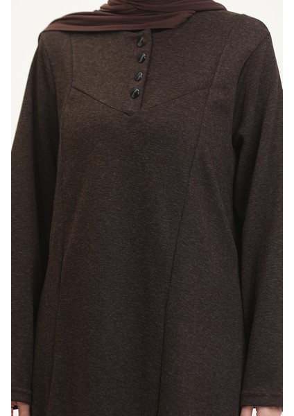 Büyük Beden Düğme Detaylı Elbise 0532-05 Kahverengi fırsatları