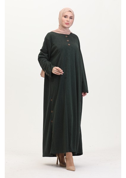 Büyük Beden Düğme Detaylı Elbise 0533-03 Zümrüt Yeşili