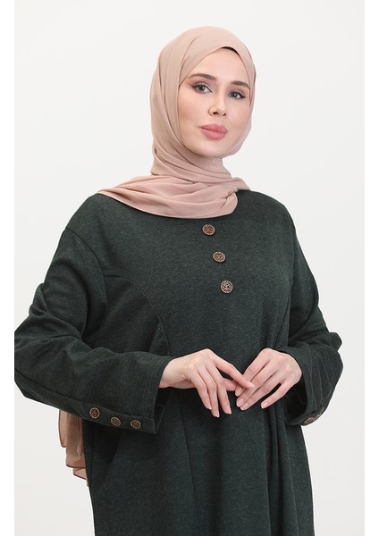 Büyük Beden Düğme Detaylı Elbise 0533-03 Zümrüt Yeşili modelleri