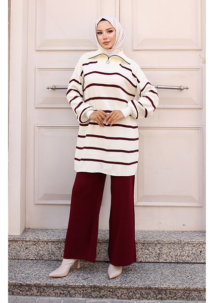 Yakası Fermuarlı Çizgili Triko Takım 11034-06 Bordo