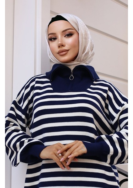 Yaka Fermuarlı Çizgili Triko Takım 11029-04 Lacivert modelleri