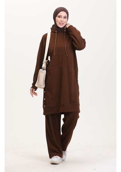 Astana Kumaş Kapüşonlu Tunik Pantolon Ikili Takım 0553-06 Taba