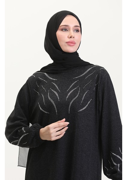 Kolu Lastikli Taşlı Elbise 0547-04 Siyah modelleri