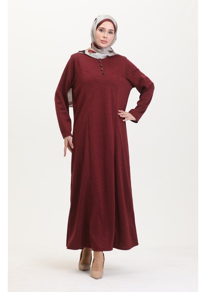 Büyük Beden Düğme Detaylı Elbise 0532-03 Bordo fiyatları