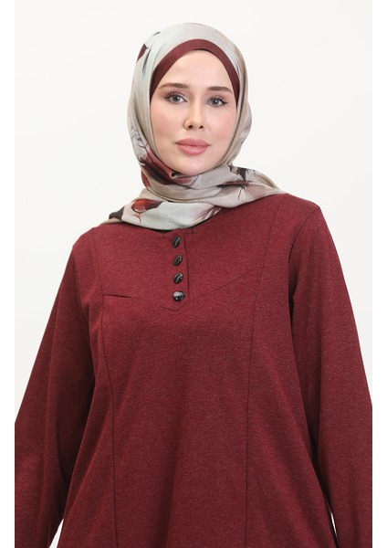 Büyük Beden Düğme Detaylı Elbise 0532-03 Bordo modelleri