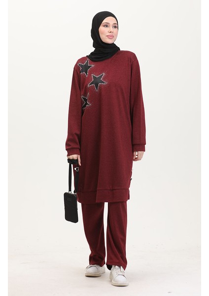 Ecrin Kumaş Baskılı Tunik Pantolon Ikili Takım 0555-04 Bordo