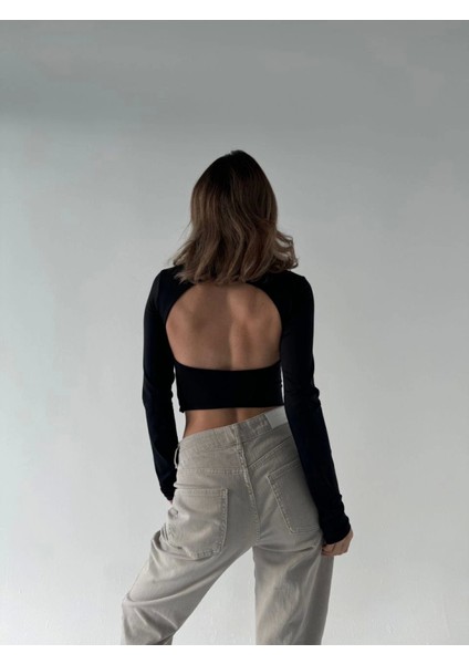 Sırt Dekoltelı Uzun Kollu Crop - Siyah modelleri