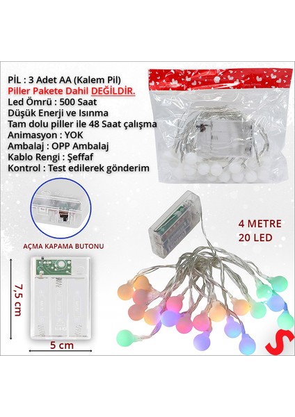 Çok Renkli 20 LED x 4 Mt, Pilli LED Top Işık