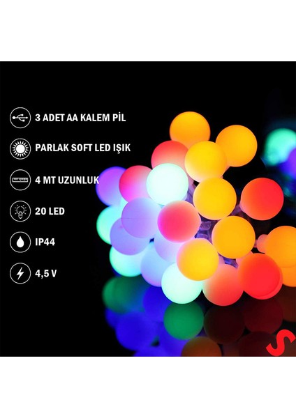 Çok Renkli 20 LED x 4 Mt, Pilli LED Top Işık