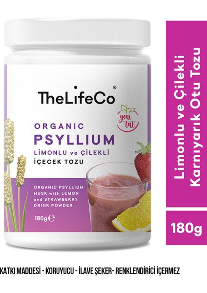 Thelifeco Organik Psyllium - Limonlu ve Çilekli Karnıyarık Otu İçecek Tozu 180g