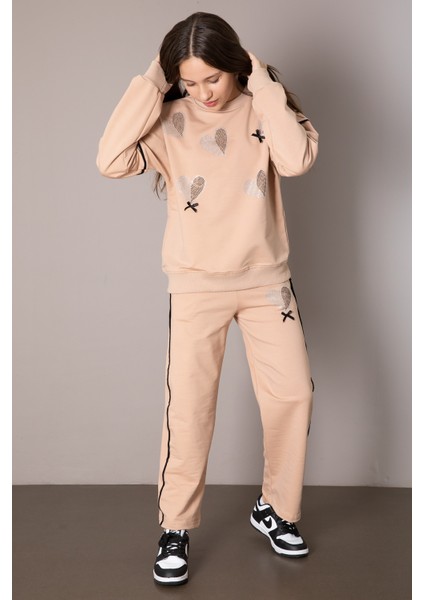 Bej Kız Çocuk Kalp Desenli 2'li Takım 19849