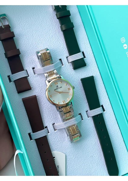 Çelik Kordon ve Deri Kordonlu 30 mt Suya Dayanıklı Kadın Kol Saati 13773X3