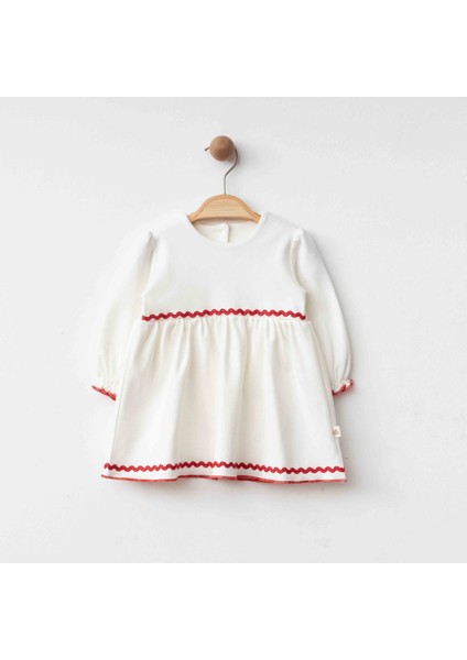 Kız Bebek Kırmızı Su Yolu Detaylı Ekru Elbise