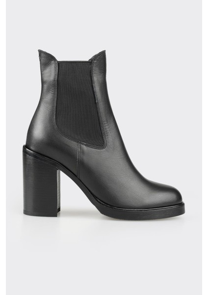 Siyah Deri Kadın Topuklu Bot