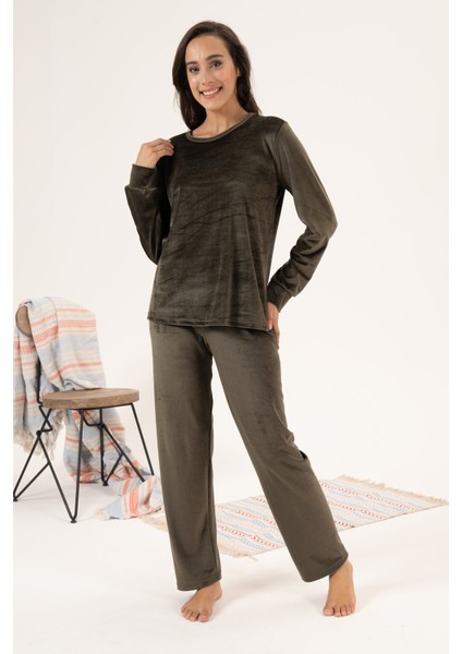 Kadın Kadife Pijama Takımı 24381 Haki