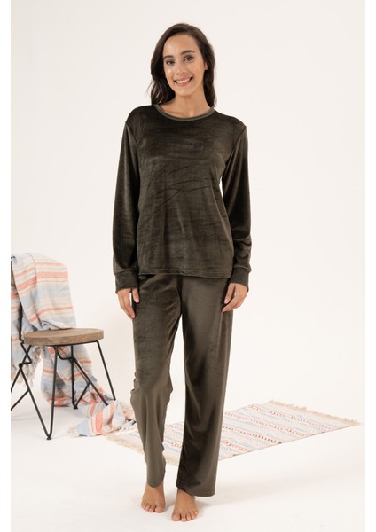 Kadın Kadife Pijama Takımı 24381 Haki