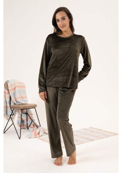 Kadın Kadife Pijama Takımı 24381 Haki