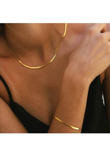 Gold Bileklik Kolye Takım Set İtalyan Ezme Çelik Zincir Kolye Bileklik İkili Set Unisex Ürün