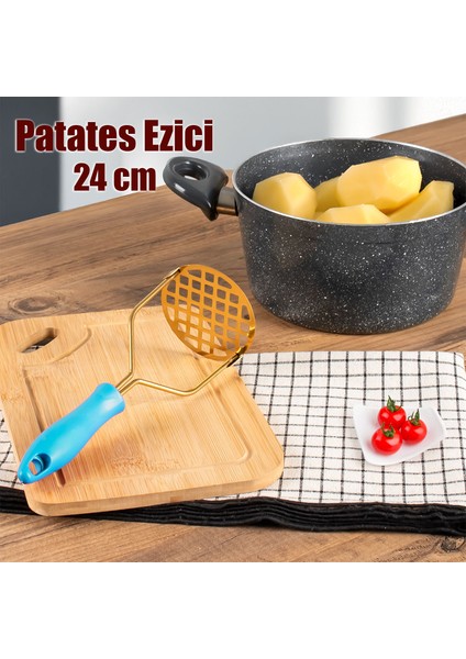 Patates Ezici Paslanmaz Metal Patates Ezici Püre Yapıcı Renkli Patates Ezeceği 24 Cm - Mavi