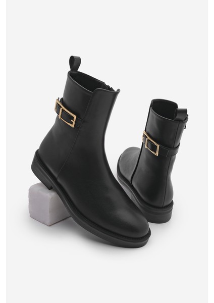 Kadın Altın Kemer Aksesuarlı Günlük Bot Soplen Siyah