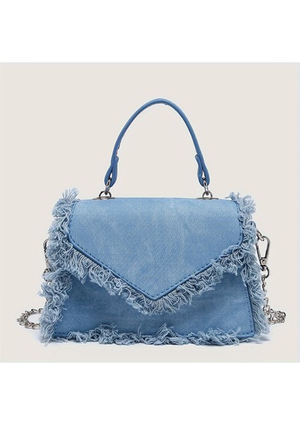 Püskül Detaylı Şık Denim Mavi Mini Crossbody Çanta - Manyetik Kapamalı, Polyester Astarlı, Modaya Uygun Kadın Omuz Çantası (Yurt Dışından)