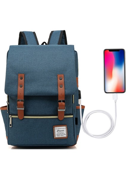 USB Portlu Kanvas Dizüstü Sırt Çantası: Erkekler ve Kadınlar Için Retro Stil Açık Seyahat Çantası (Yurt Dışından)