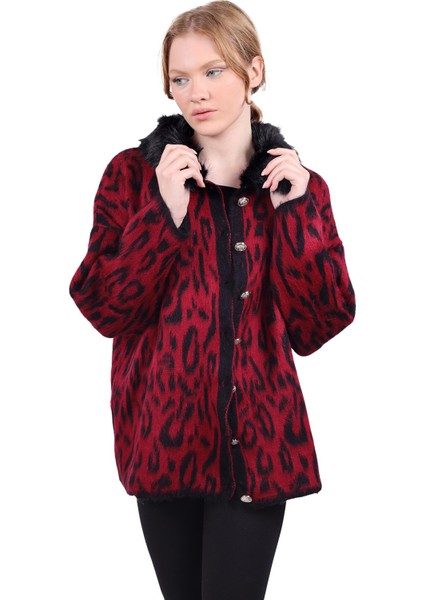 22288 Leopar Yakası Kürklü Hırka Bordo