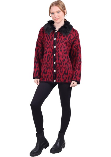 22288 Leopar Yakası Kürklü Hırka Bordo