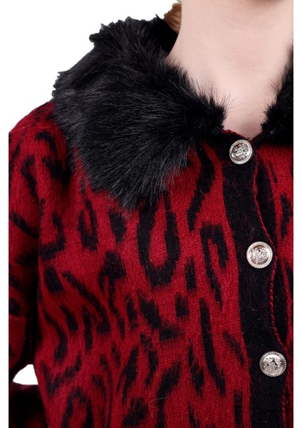 22288 Leopar Yakası Kürklü Hırka Bordo