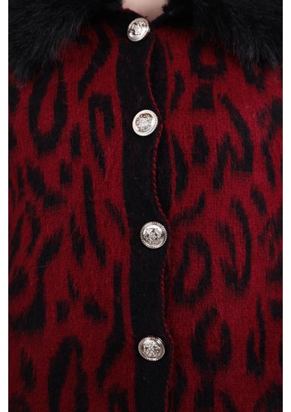 22288 Leopar Yakası Kürklü Hırka Bordo