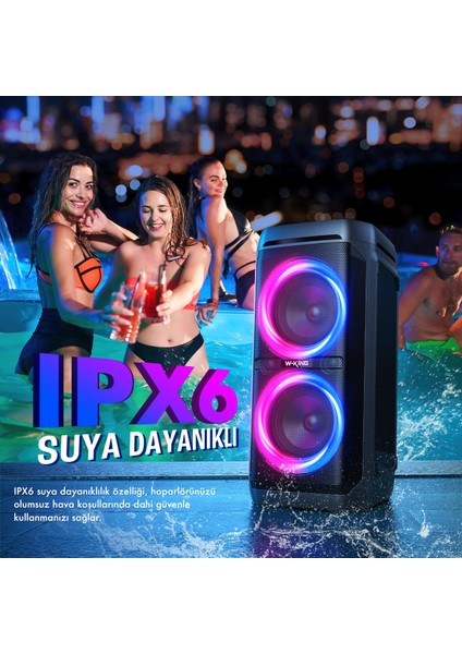 W-Kıng T11 Bluetooth Hoparlör 220W Partybox 24S Dinleme Işıklı Ipx6 Kablosuz Stereo Tws Ses Bombası Siyah